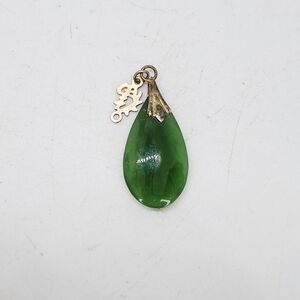 Vintage Green Jade Teardrop Stone w Gold Plated Symbol Charm Pendant For Necklac
